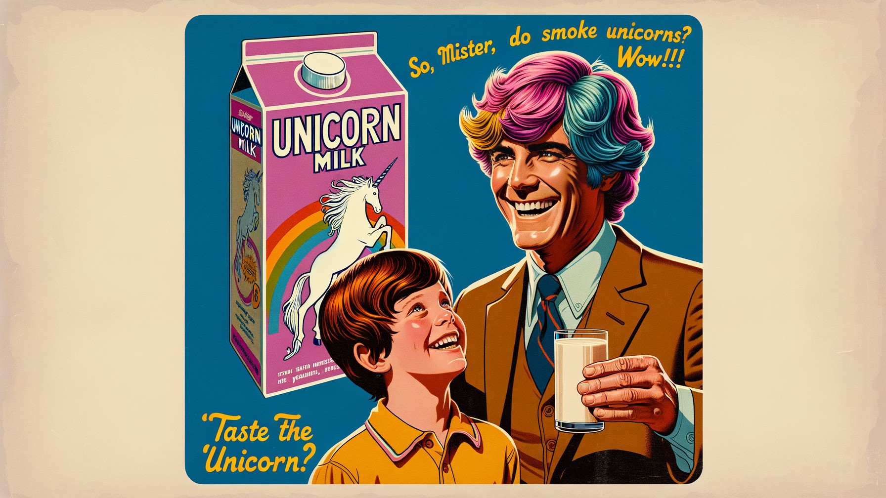 Colorful Retro Illustration of Man and Boy with Milk