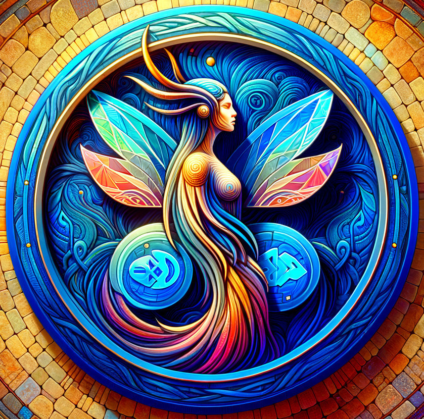 Stylized Woman with Wings in Vibrant Mosaic Background