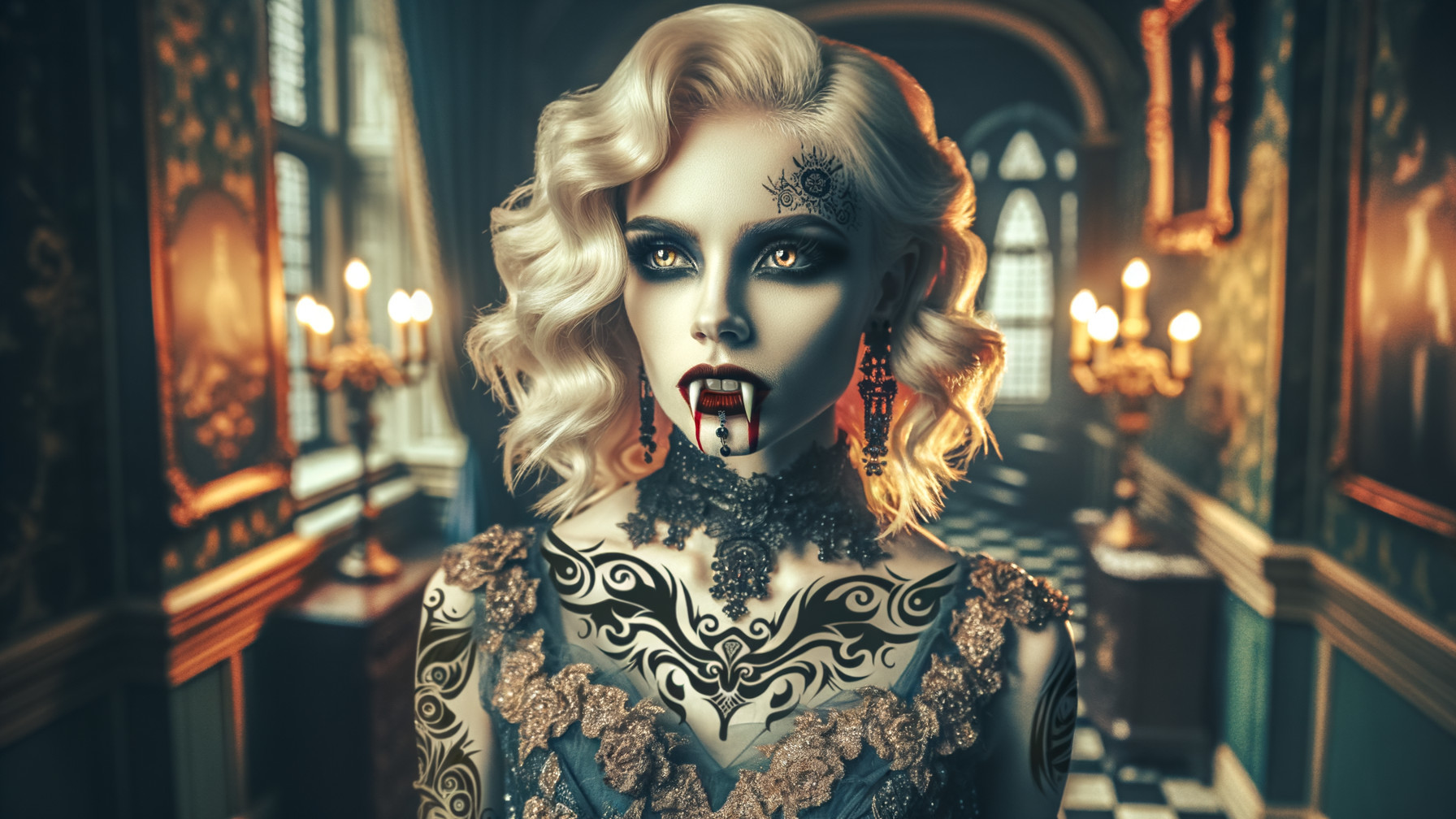 Striking figure in opulent room with bold tattoos