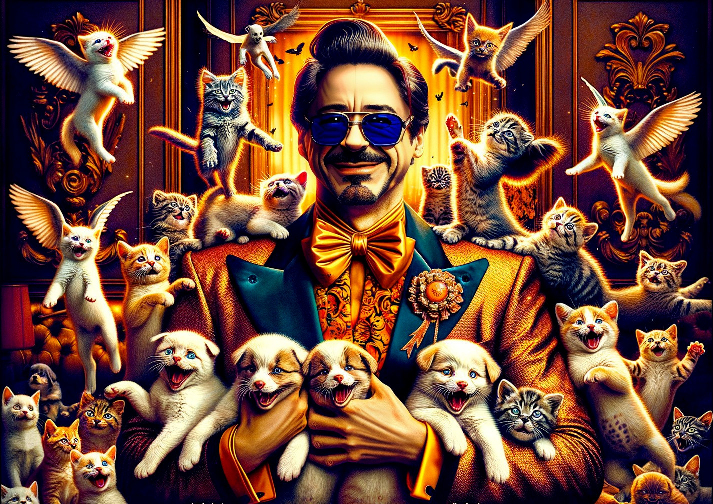 Man in Stylish Suit Surrounded by Playful Puppies and Kittens