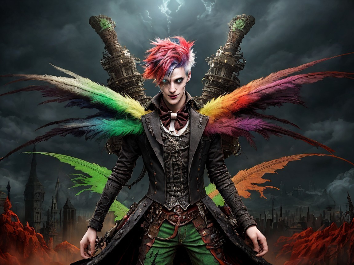 Victorian-Inspired Figure with Rainbow Feathers in Landscape