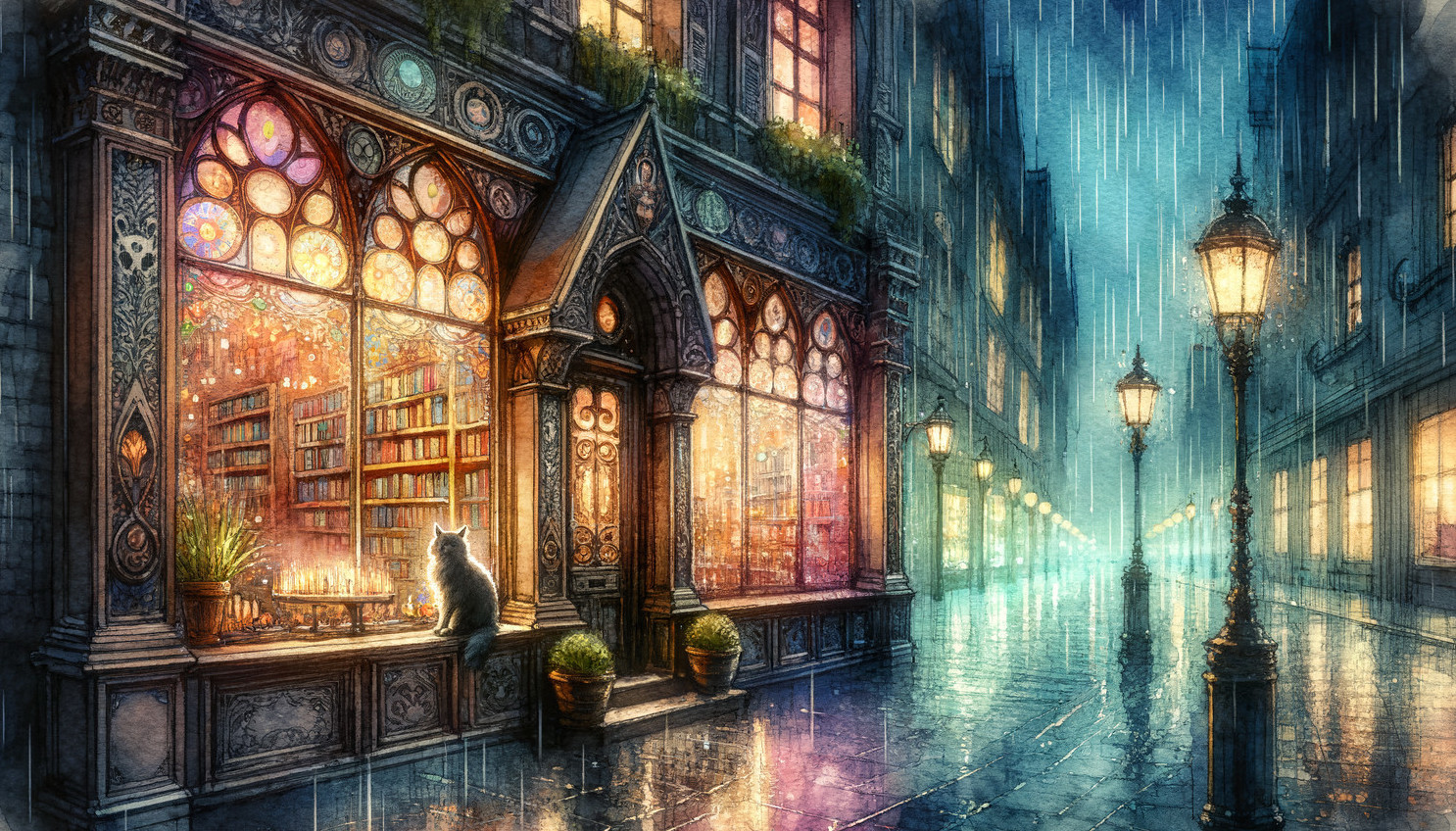 Whimsical Rain-Soaked Street Scene with Bookstore and Cat