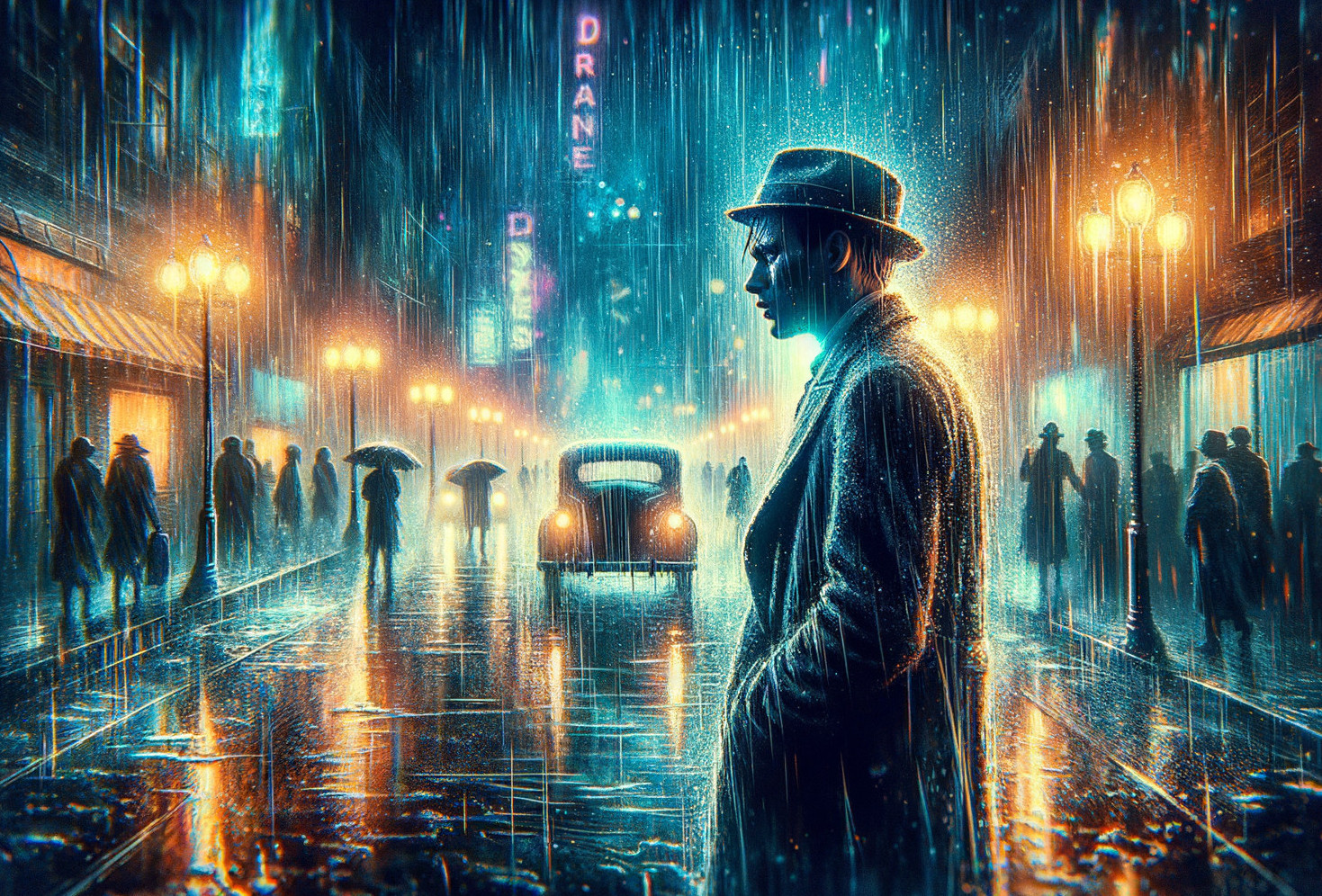 Neon-Lit City Scene with Rain and Mystery Figure