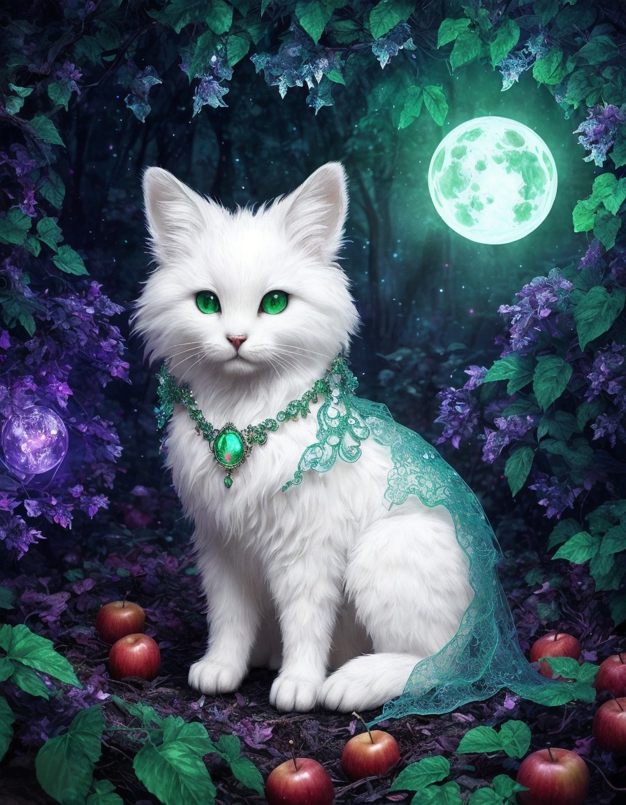 White Cat with Jeweled Necklace and Lace in Mystical Forest Scene