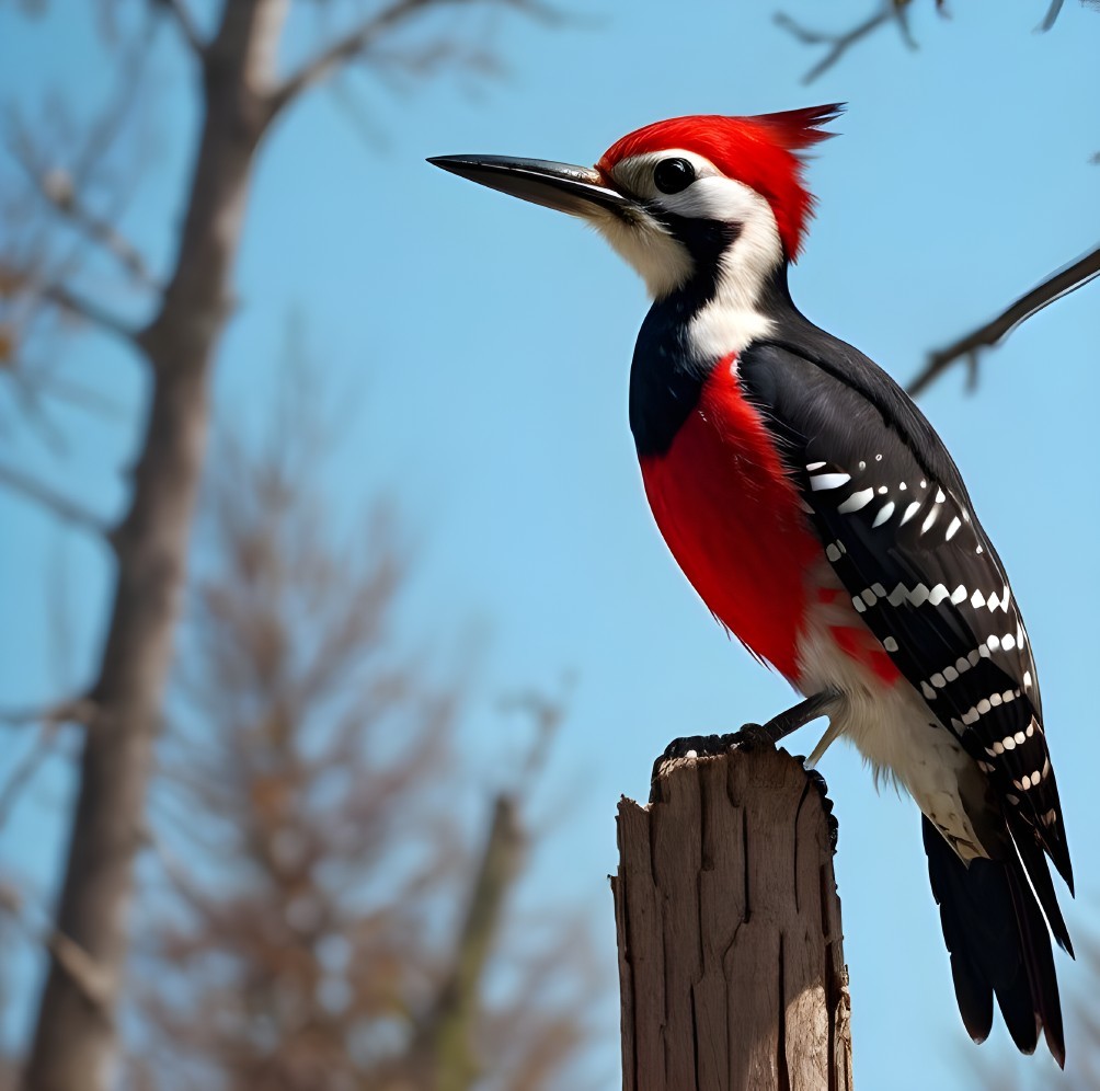 Woodpecker on Stump with Red Crest and Bold Plumage