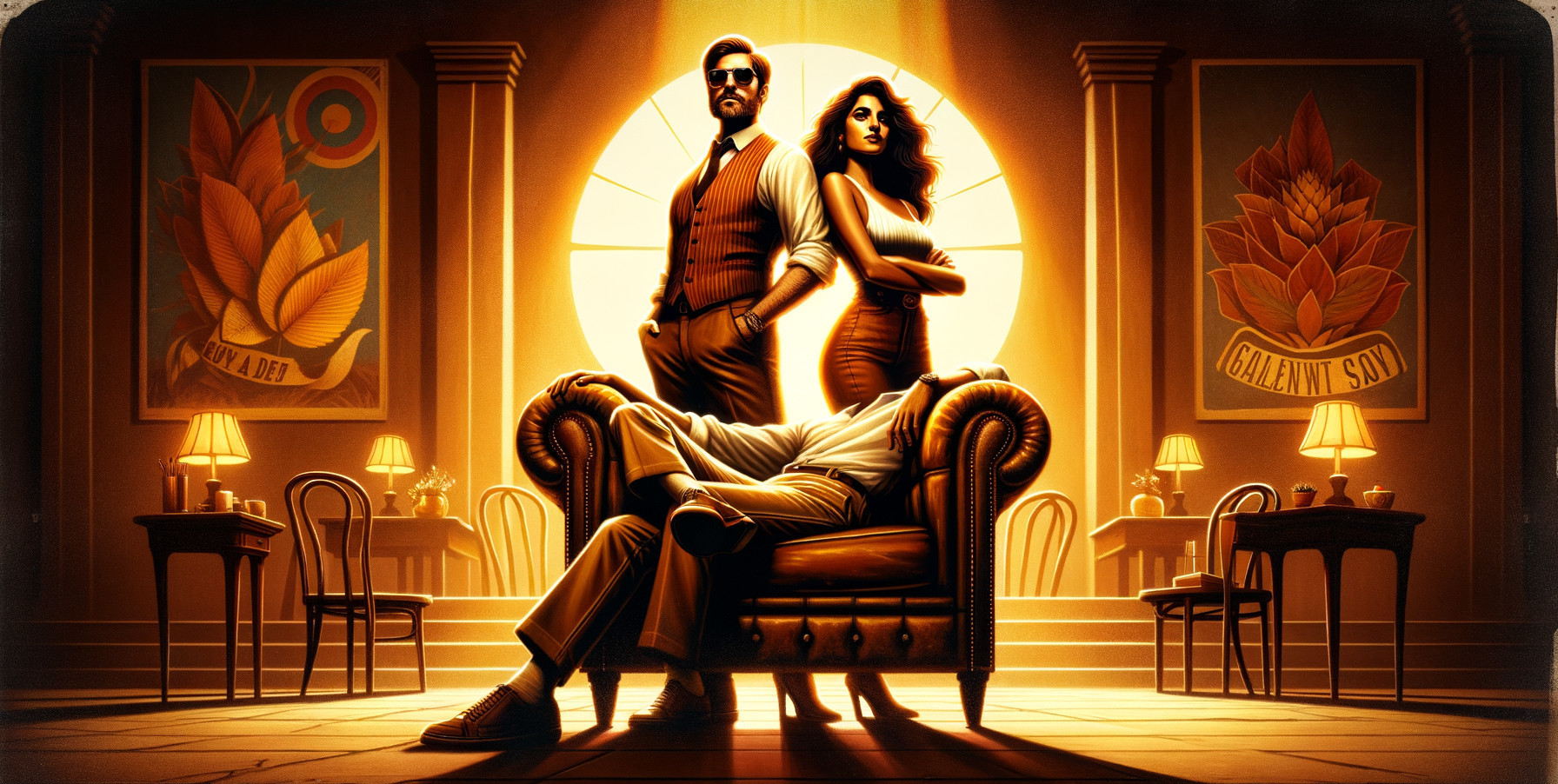 Stylish Couple and Relaxed Figure in Dimly Lit Room