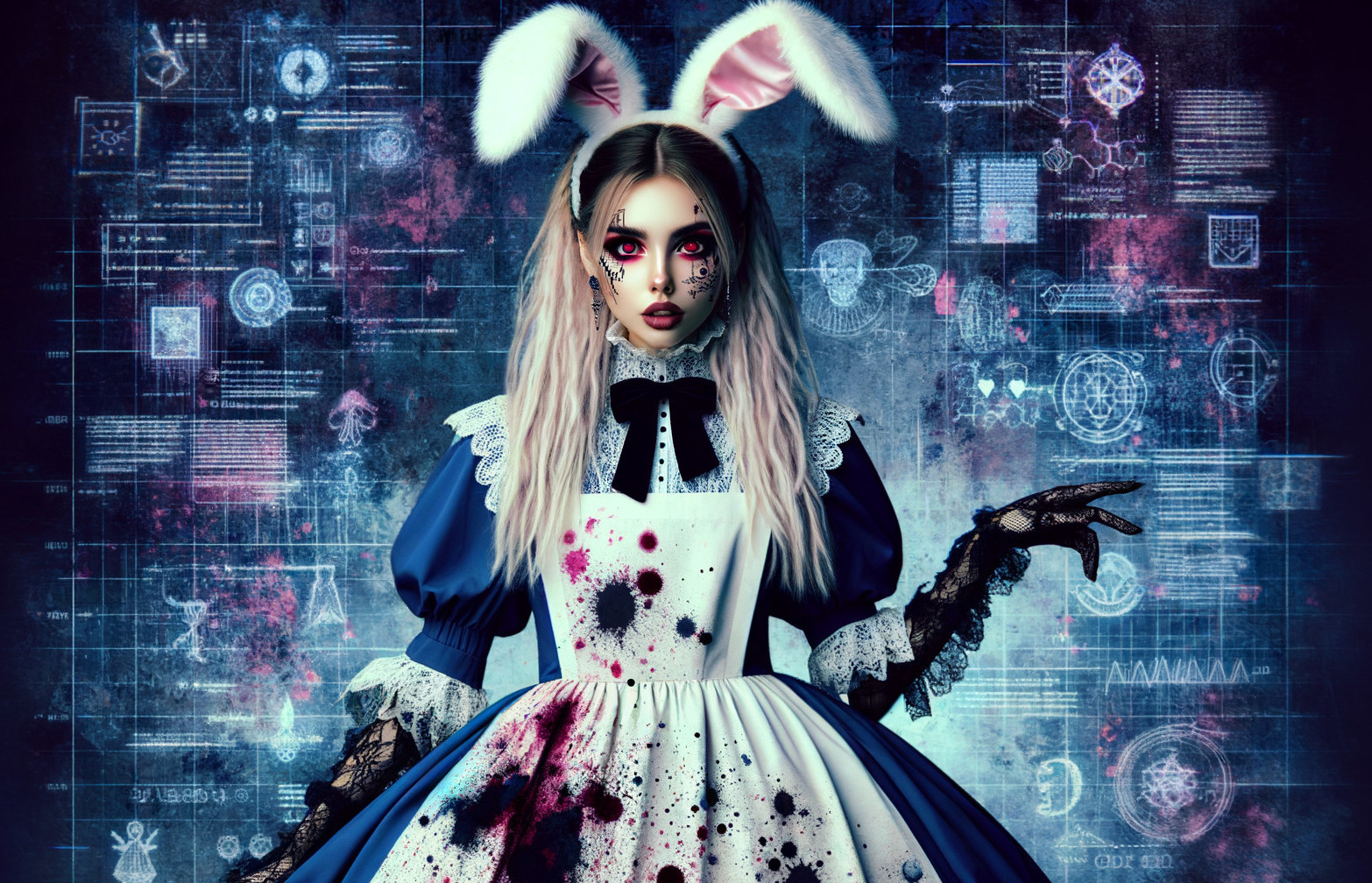 Whimsical Alice Costume with Dark Themes and Symbols