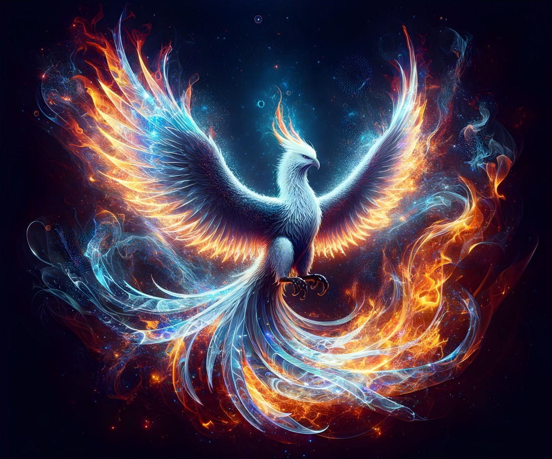 Phoenix in Cosmic Backdrop with Fiery Wings