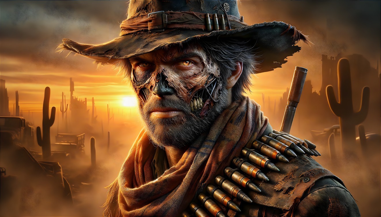 Rugged Figure in Sunset Over Wild West Landscape