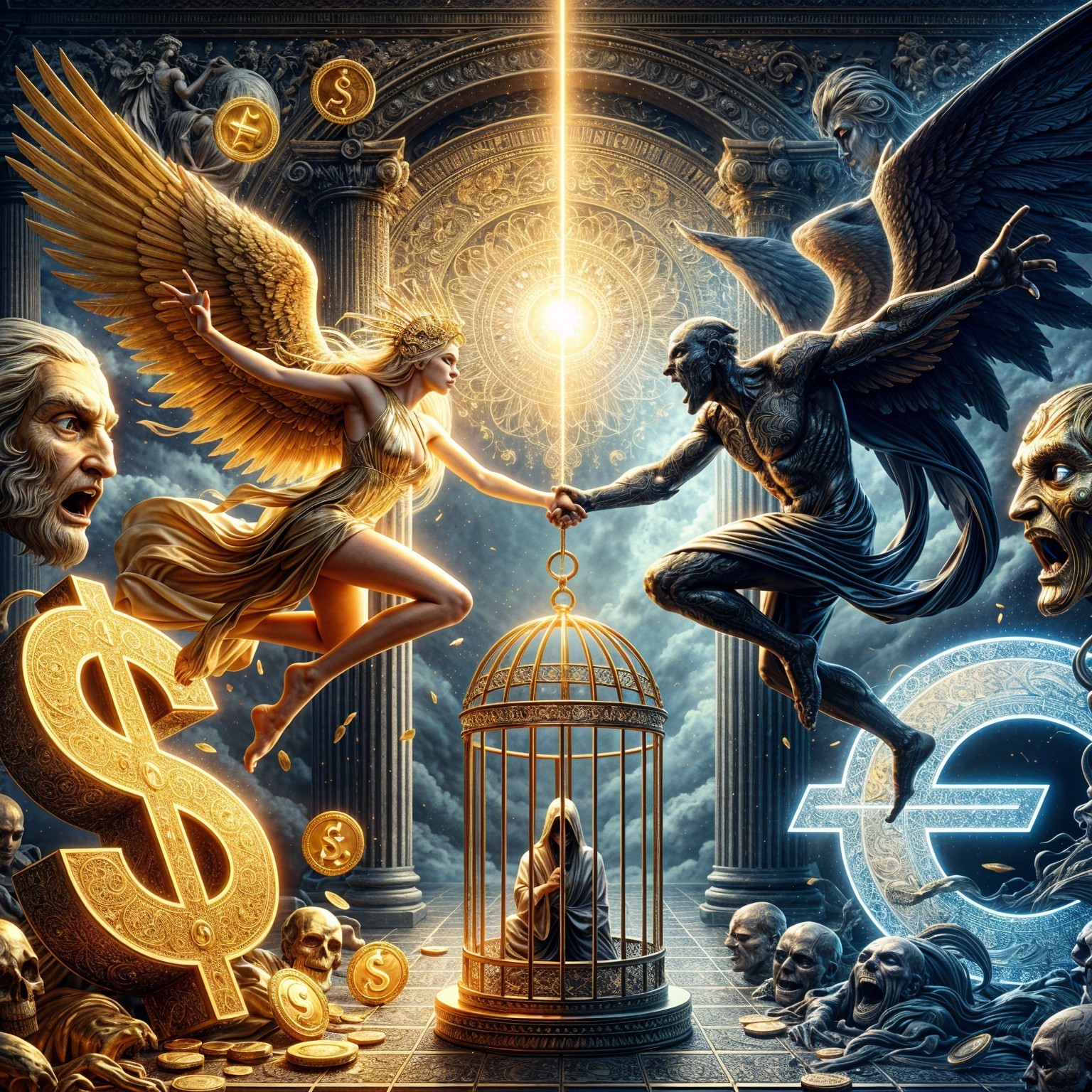 Celestial Virtue vs. Dark Greed in Ornate Setting