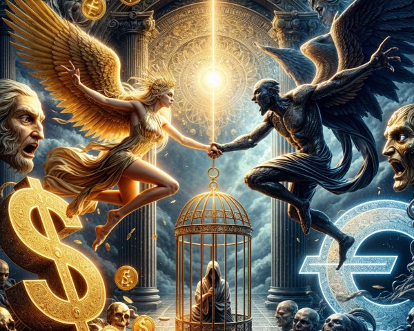 Celestial Virtue vs. Dark Greed in Ornate Setting