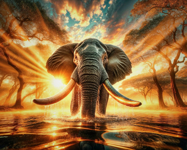 Elephant at Sunset by a Shimmering Water Body