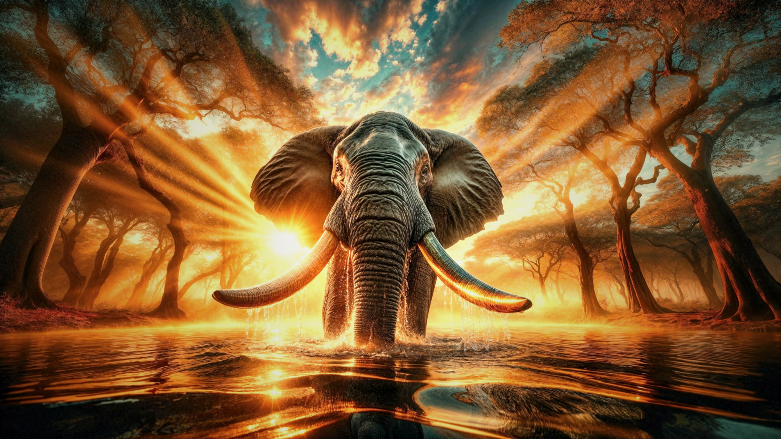 Elephant at Sunset by a Shimmering Water Body