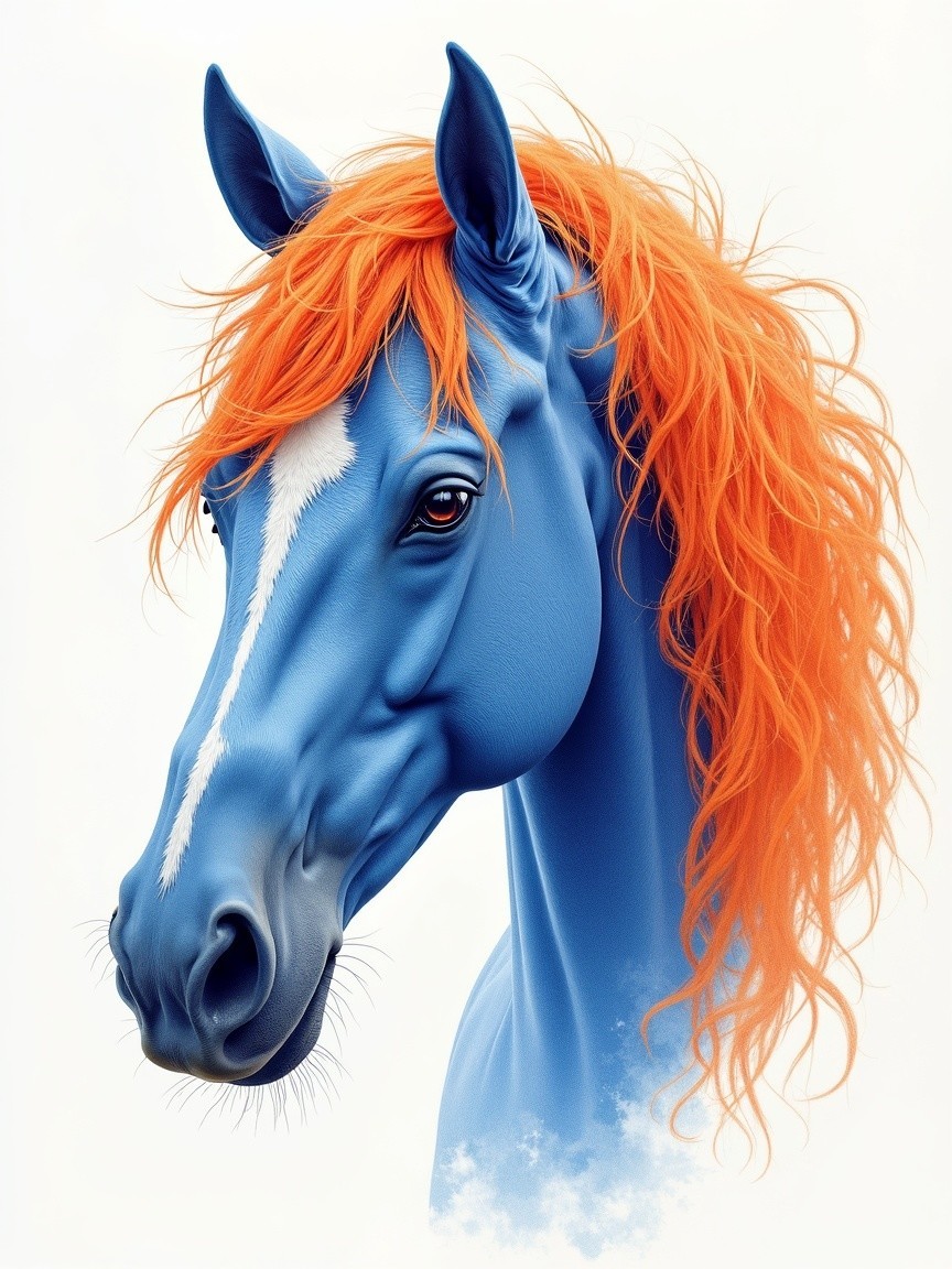 Vibrant Horse Head with Blue Coat and Orange Mane