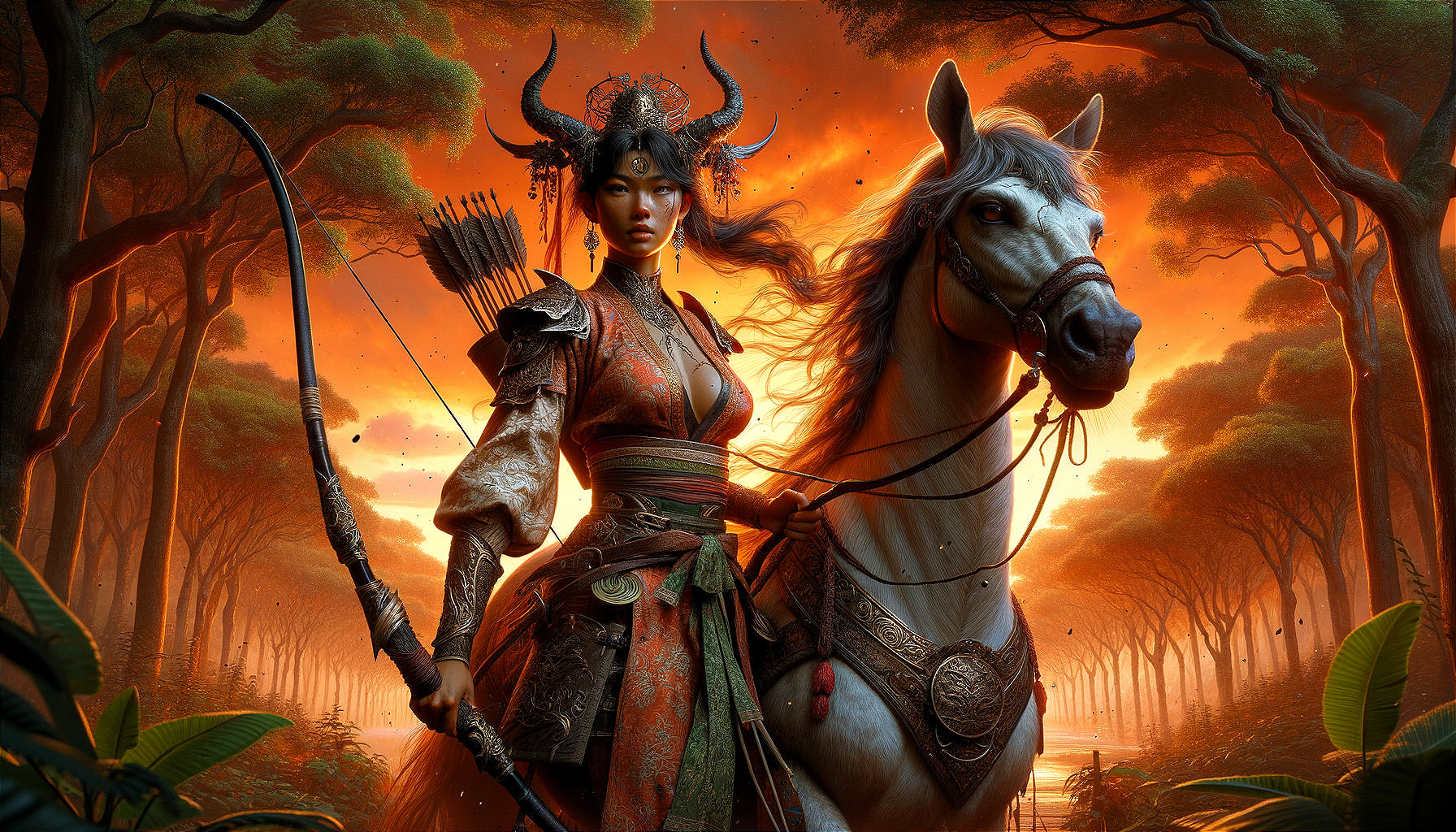 Warrior Woman in Armor Riding Horse at Sunset