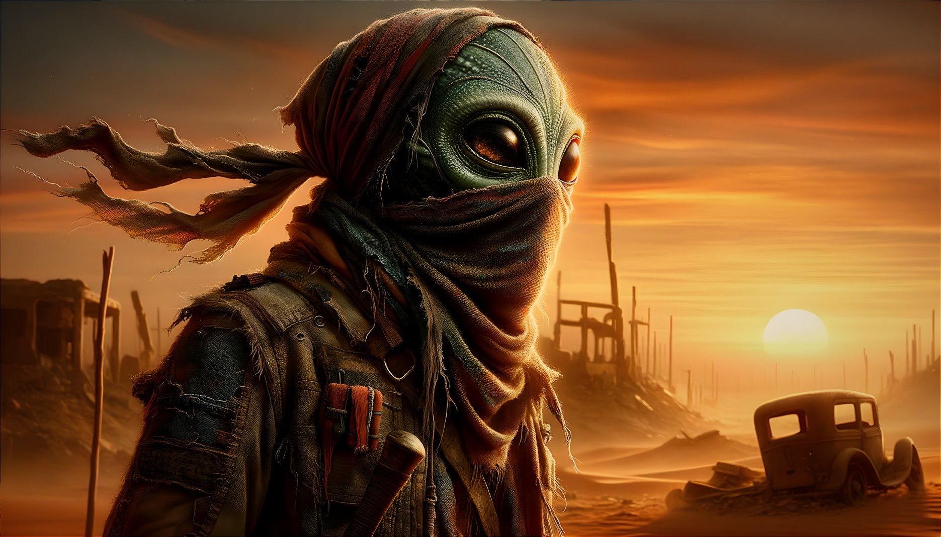 Alien Figure in Tattered Clothing at Sunset Landscape