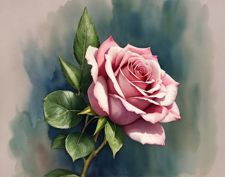 Detailed Pink Rose with Green Leaves and Soft Background