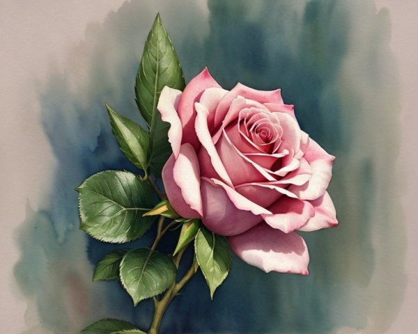 Detailed Pink Rose with Green Leaves and Soft Background
