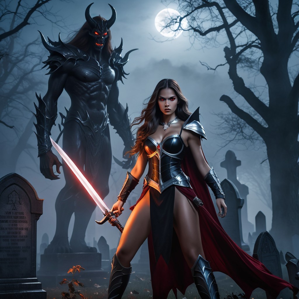 Warrior in Graveyard with Glowing Sword and Shadows