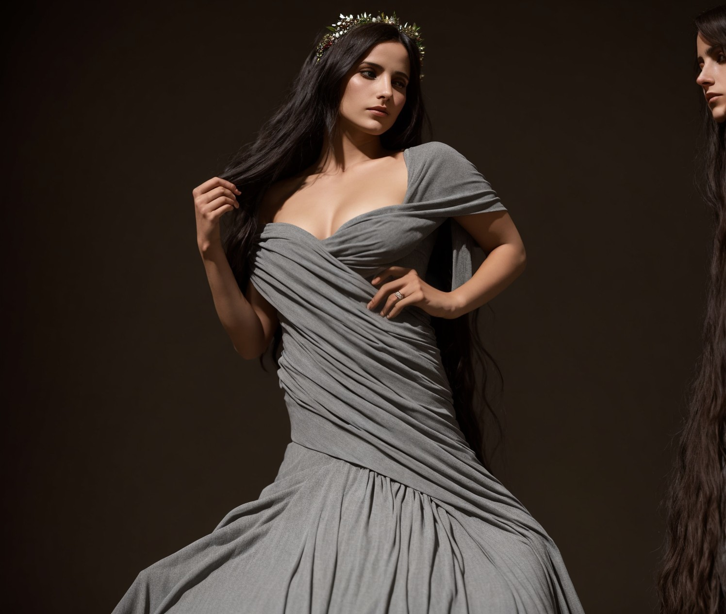 Elegant woman in a flowing gray gown with floral crown