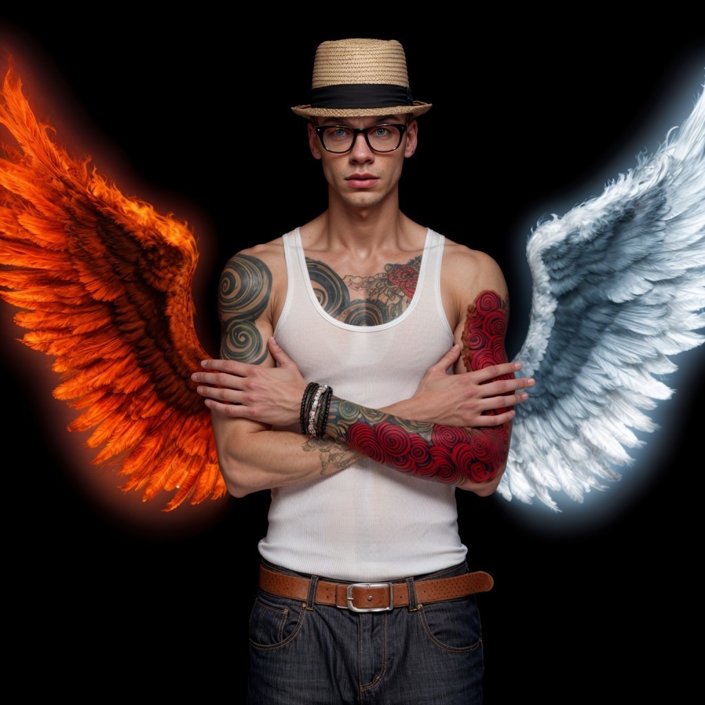 Stylish Young Man with Vibrant Tattoos and Angelic Wings