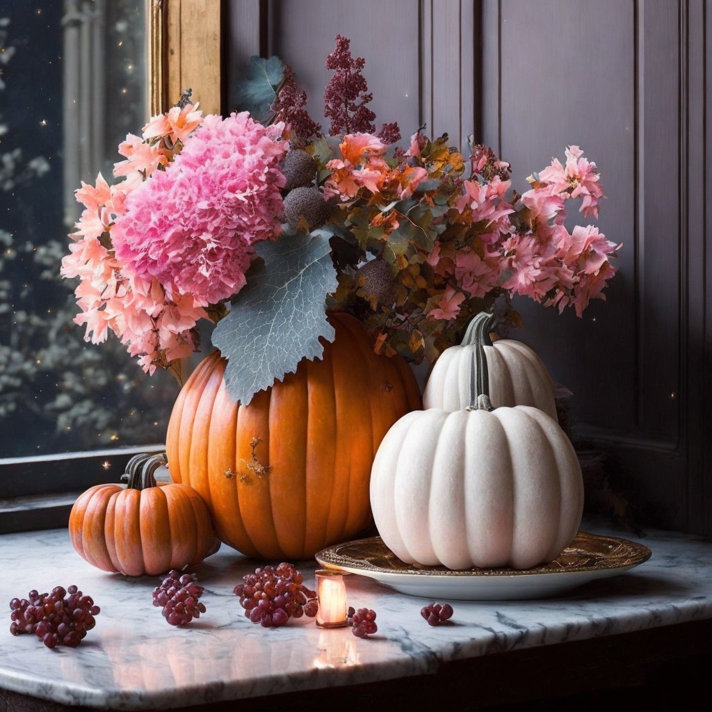 Autumn Scene with Pumpkins and Hydrangeas Arrangement
