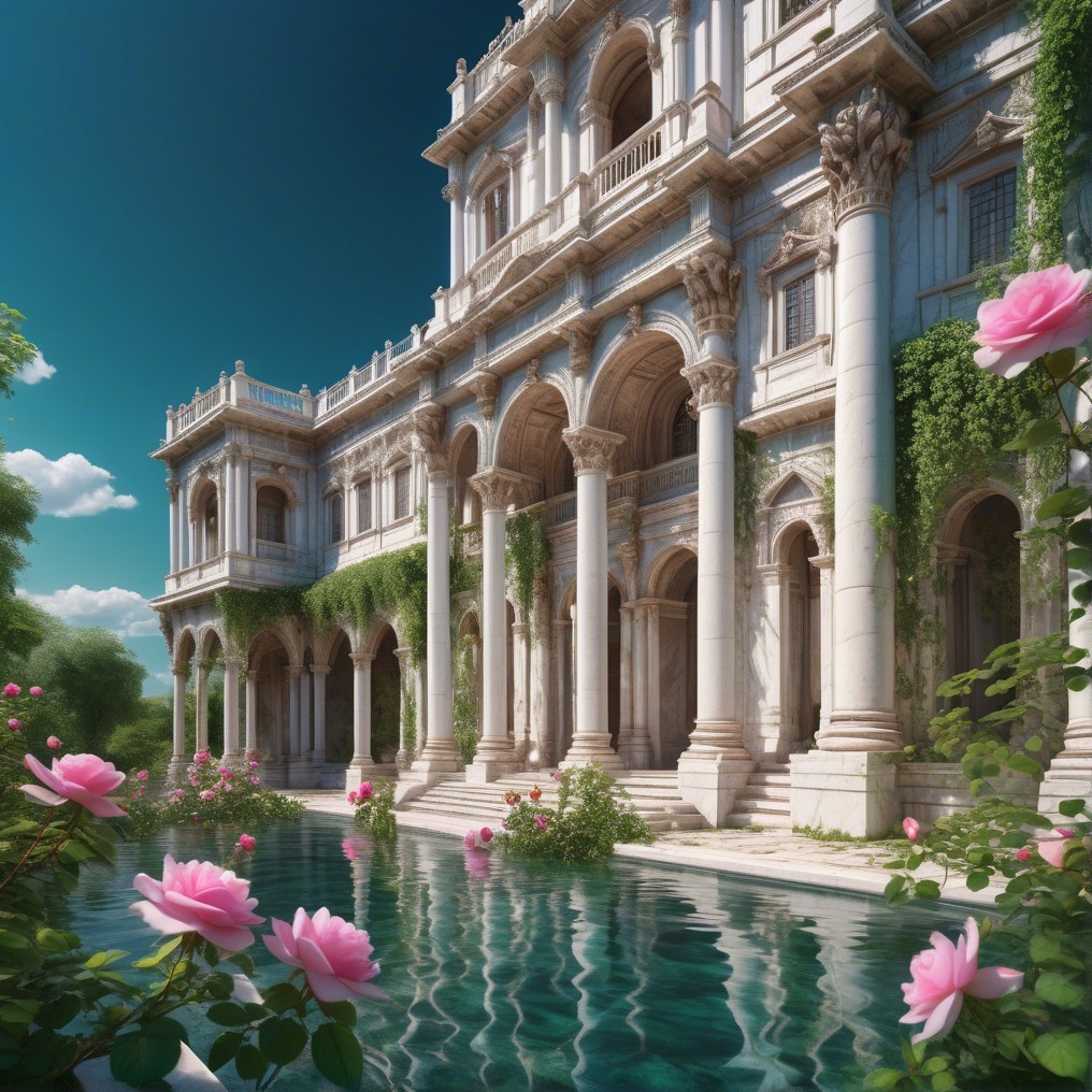 Classical Mansion Surrounded by Lush Greenery and Roses