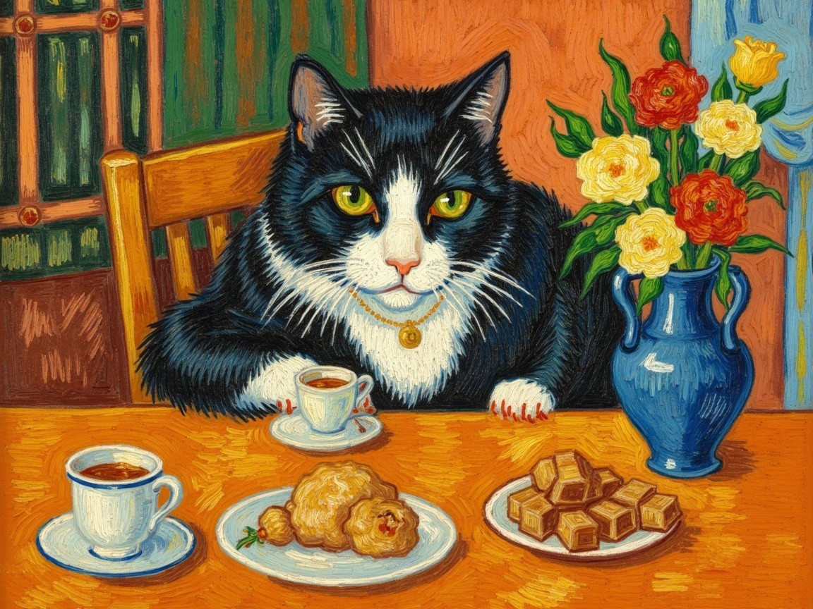 Whimsical Scene of Cat at Table with Treats and Flowers
