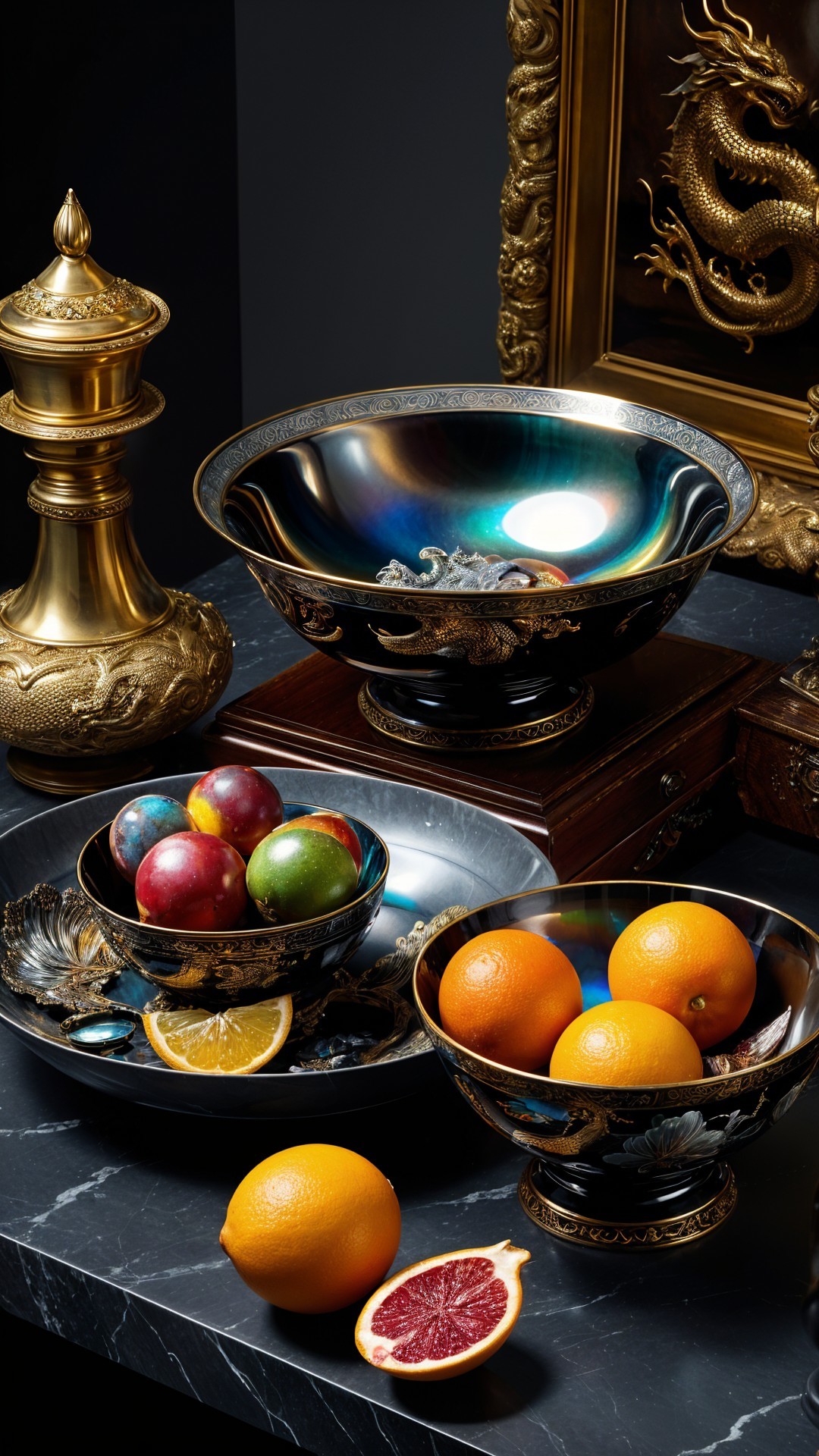 Decorative Bowls with Vibrant Fruits and Elegant Accents