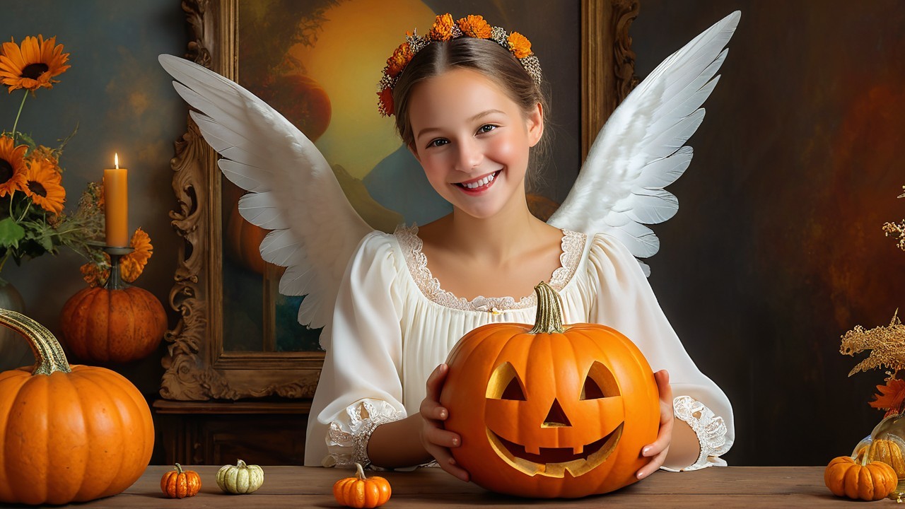 Cheerful Girl in White Dress with Pumpkin and Sunflowers