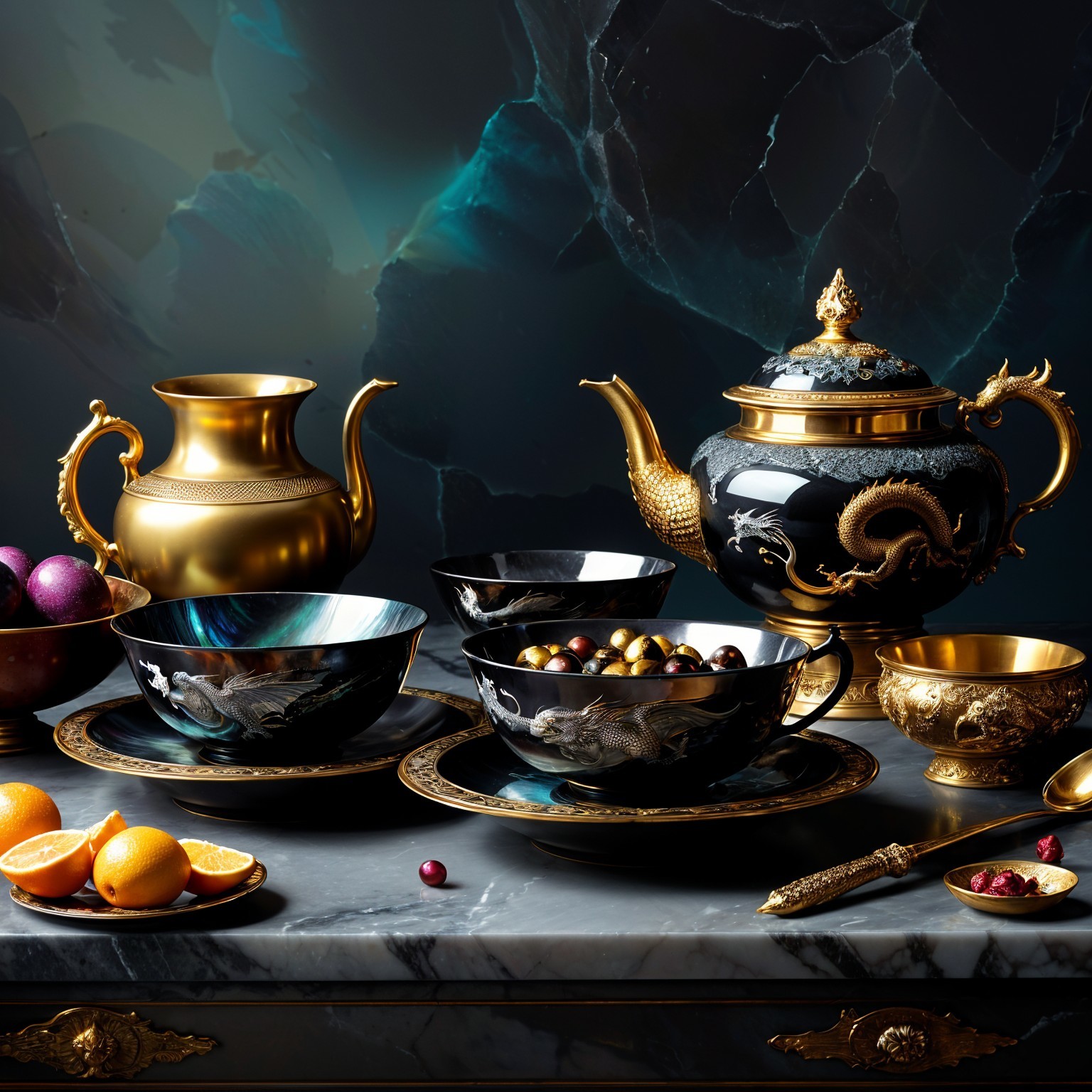 Elegant Tabletop Setting with Black China and Fruit