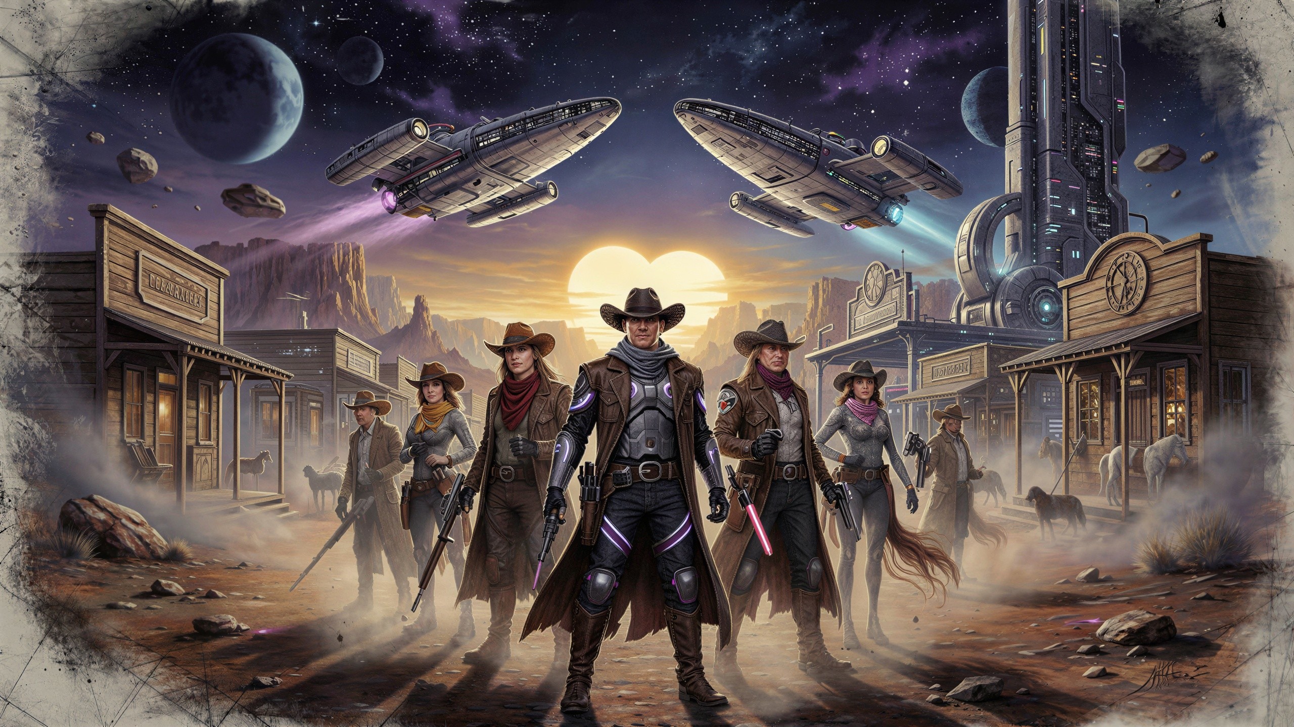 Futuristic Wild West Scene with Space Cowboys and Ships