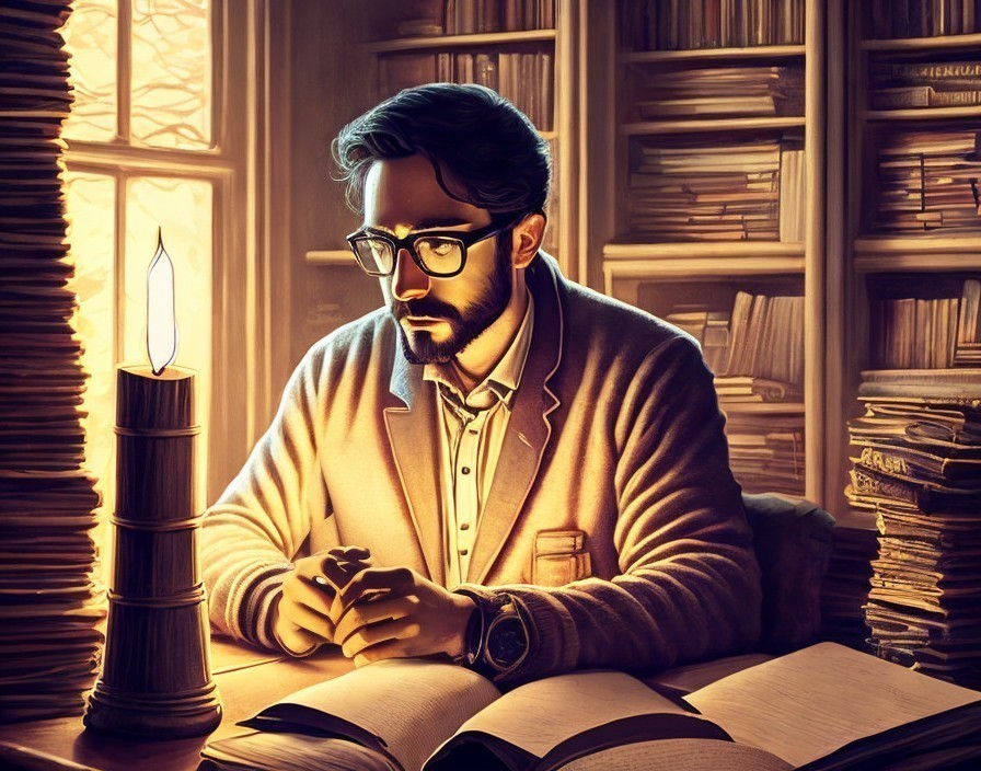 Young man in cozy library with books and candlelight