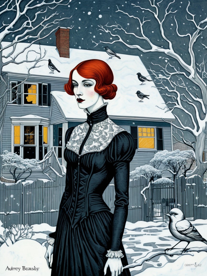 Woman in Black Dress with Red Hair in Winter Landscape