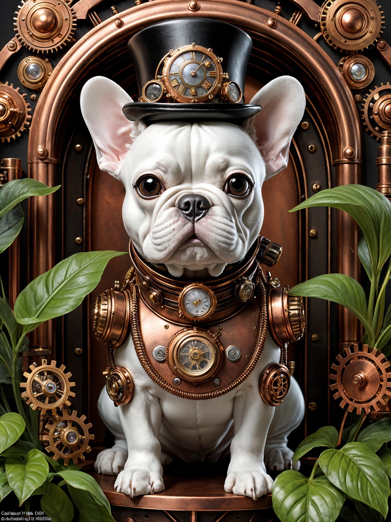 French Bulldog in Steampunk Outfit Surrounded by Plants