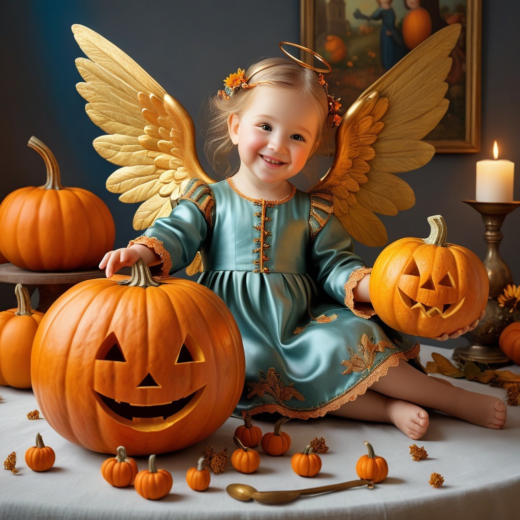 Cheerful girl in blue dress with pumpkins for Halloween