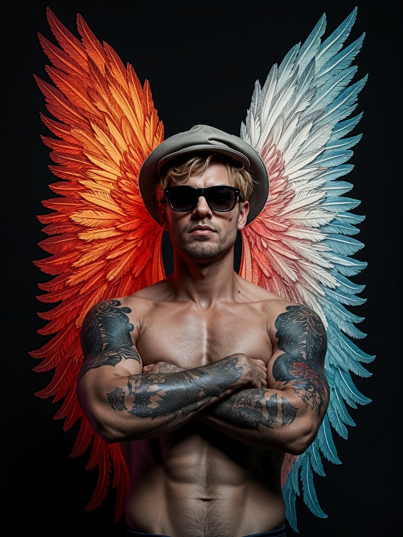 Muscular Man with Tattoos and Vibrant Wings Display