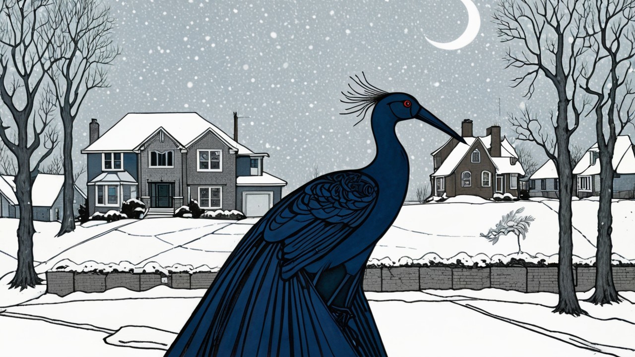 Blue Peacock in Snowy Landscape with Charming Houses
