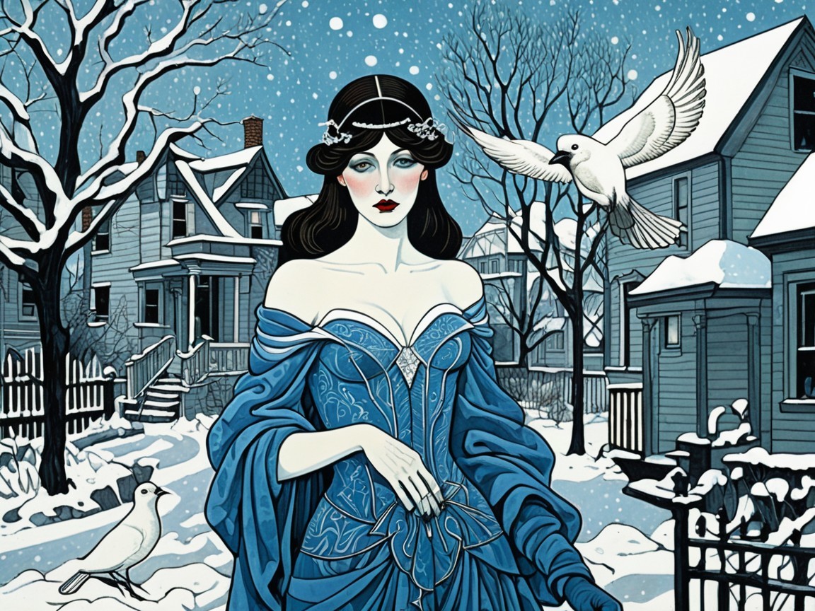 Woman in Blue Gown in Serene Winter Landscape