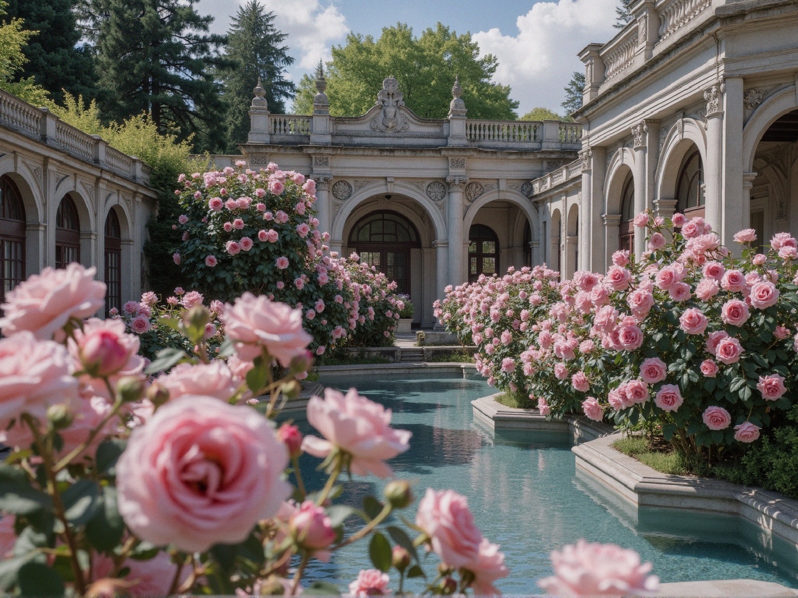 Tranquil Garden with Serene Pool and Blooming Roses
