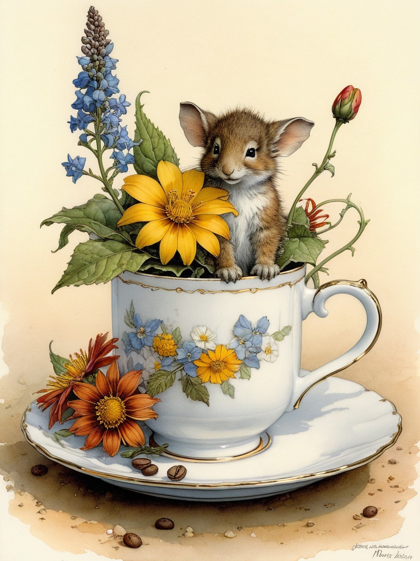 Furry Creature in Floral Teacup Illustration Scene