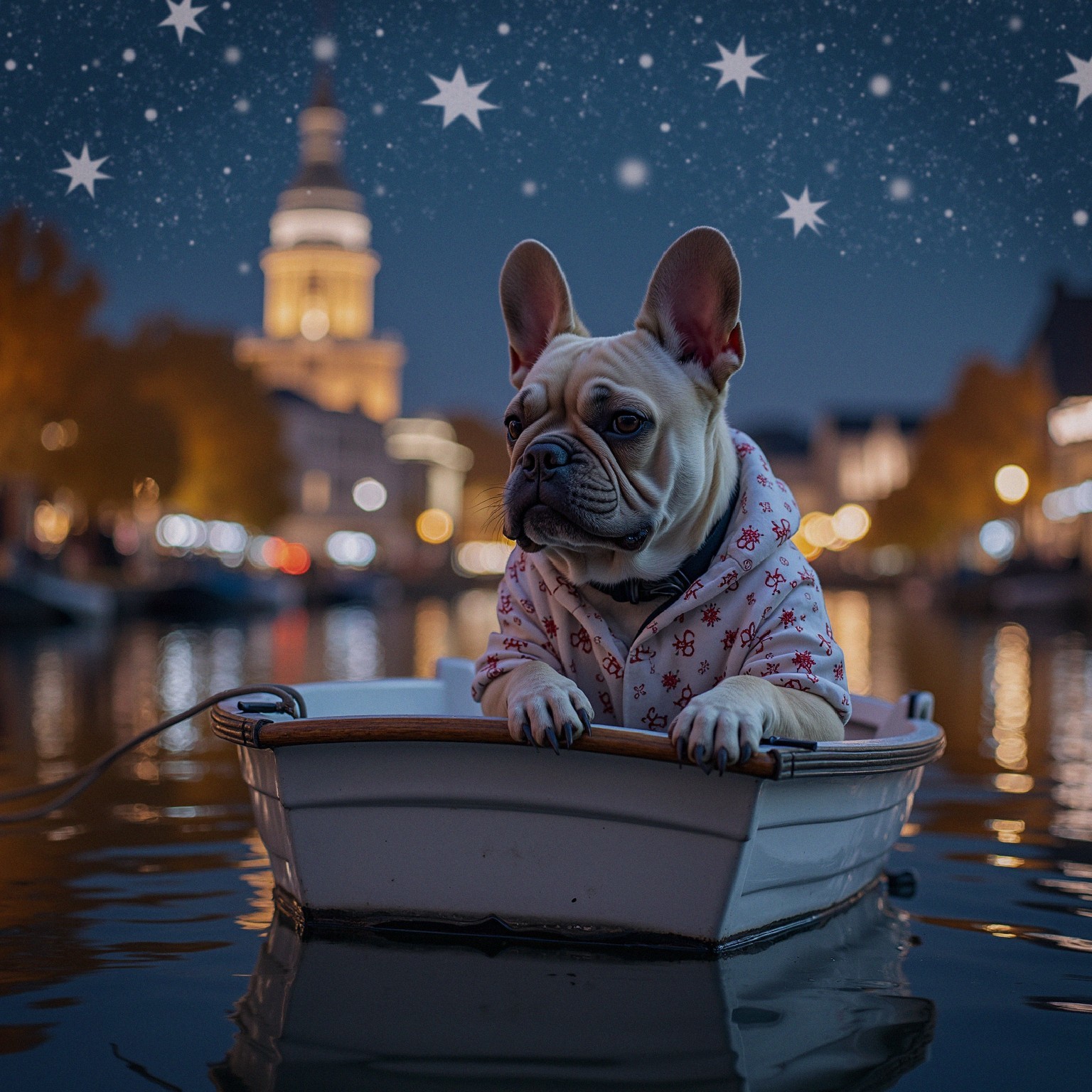 French Bulldog in Boat Under Starry Night Sky