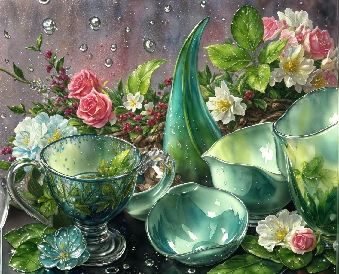 Fine Glassware and Floral Arrangement in Green and Blue