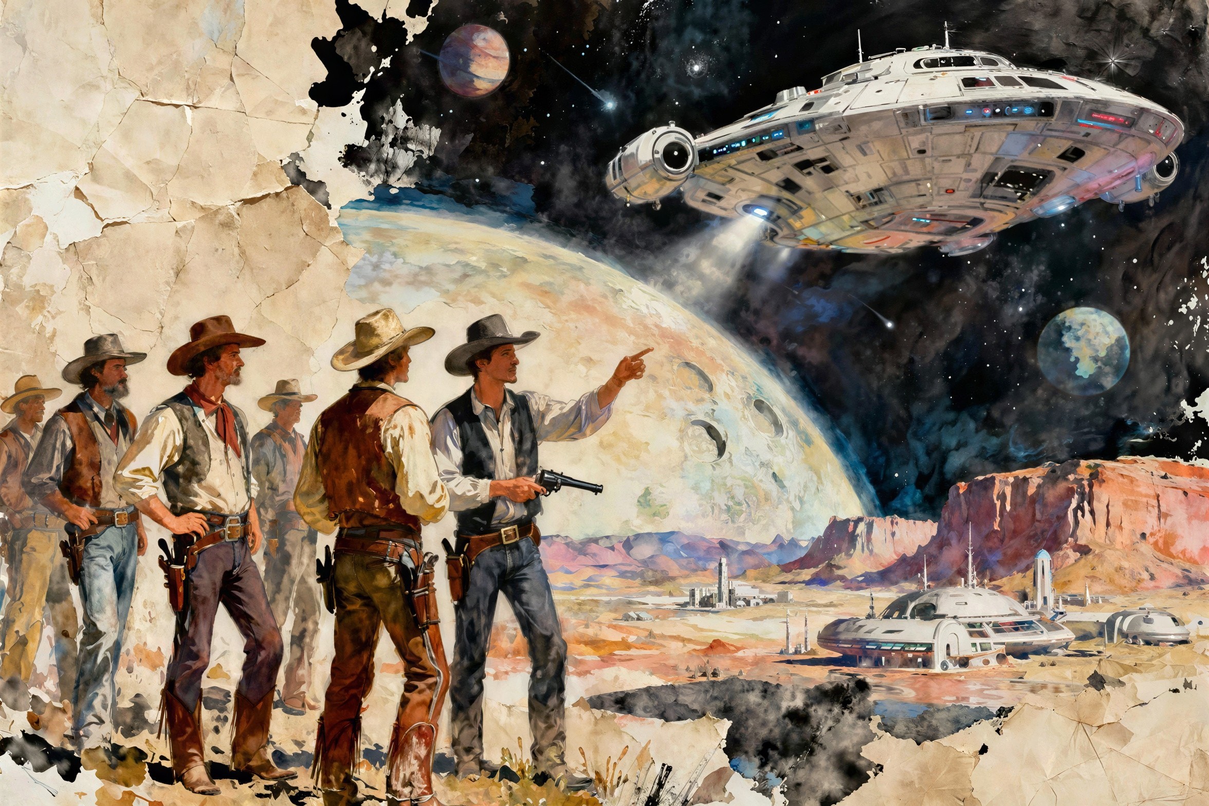 Vintage Watercolor of Cowboys in Futuristic Desert