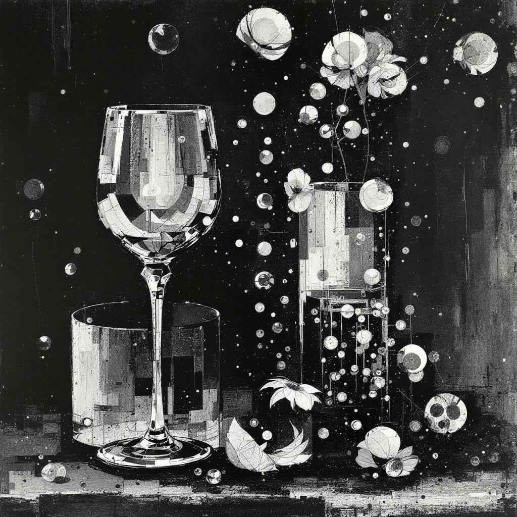 Monochromatic Artwork of Wine Glass and Geometric Shapes