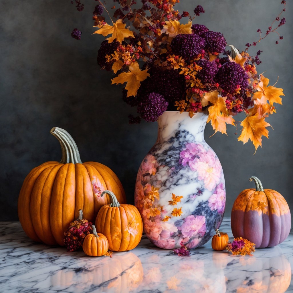 Marbled Vase with Fall Flowers and Pumpkins Display