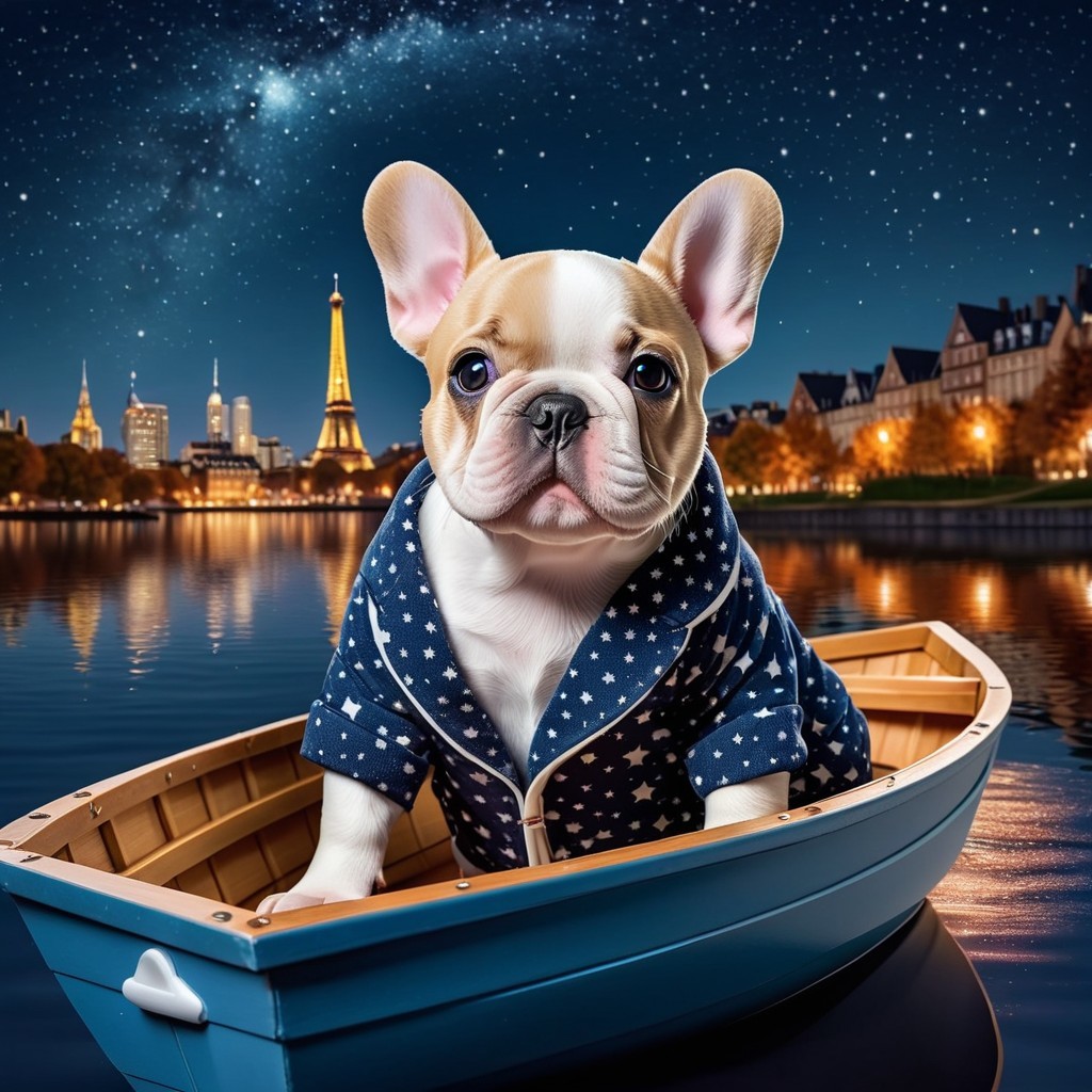 French Bulldog Puppy in Boat with Eiffel Tower Skyline