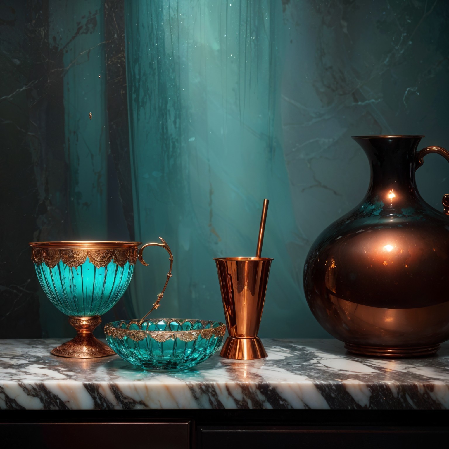Elegant Metallic and Glass Objects on Marble Surface