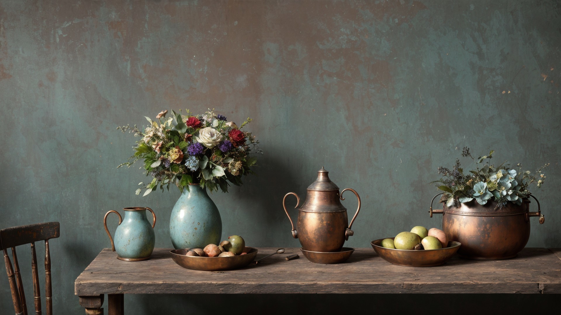 Rustic Wooden Table with Vintage Copperware and Flowers