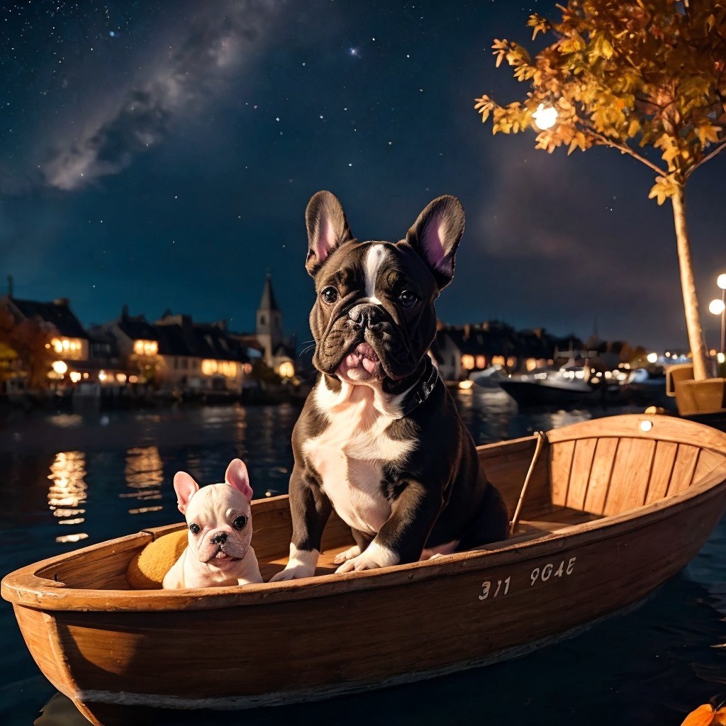 Nighttime Scene with Bulldogs in a Wooden Boat